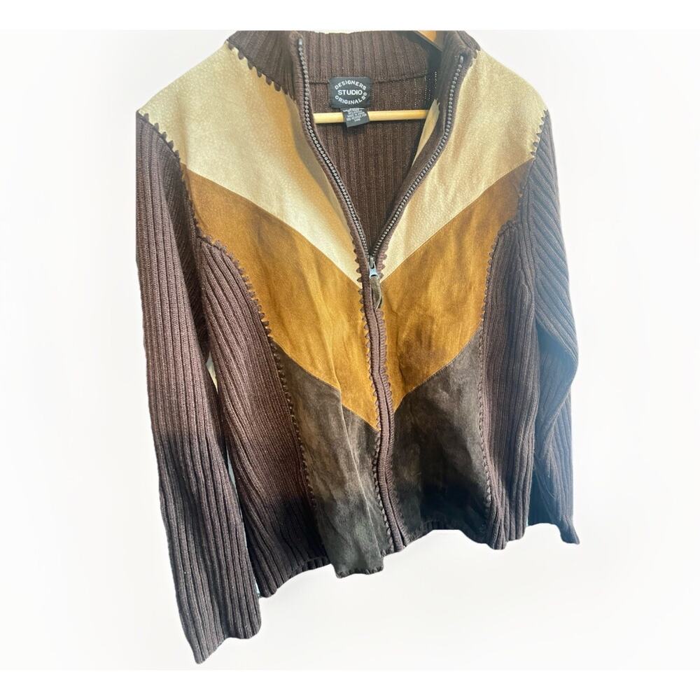Vintage 90s Does 70s Suede Leather Patchwork Chevron Knit Jacket Women’s Large